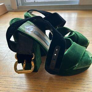 Prada Green Velvet Platform Sandals with Black Strap and Gold Buckle